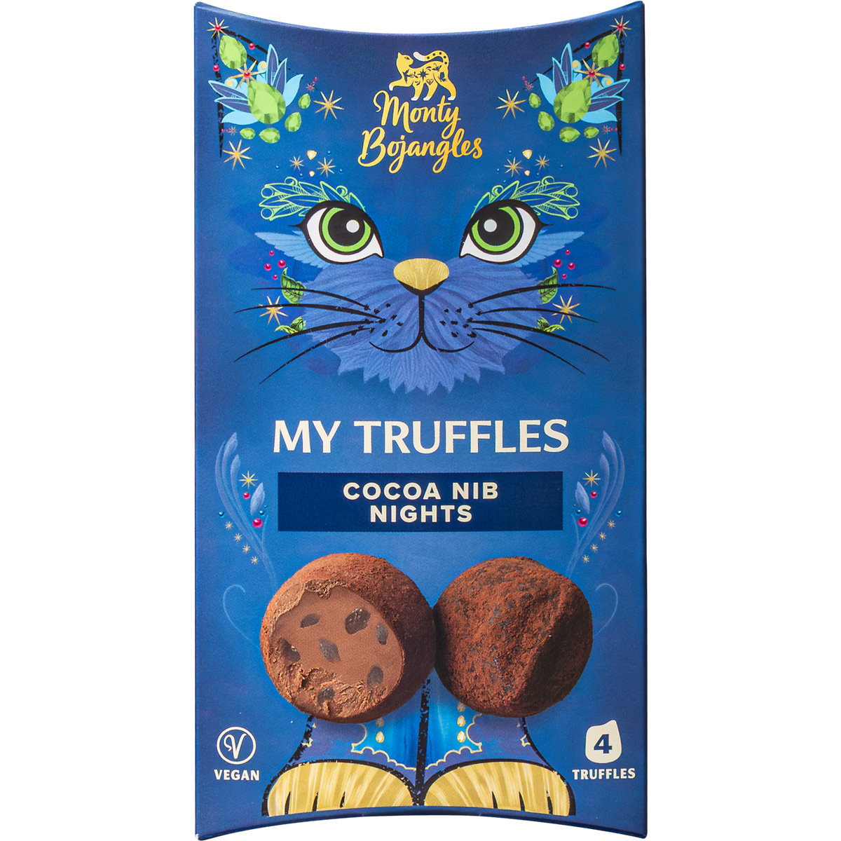 A package of Monty Bojangles 'My Truffles' Cocoa Nib Nights, featuring a blue cat face illustration and two chocolate truffles shown on the front.